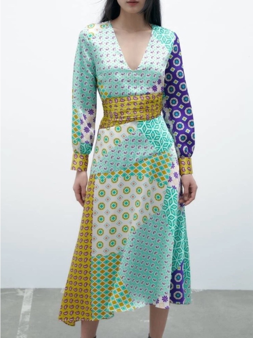 Zara Patchwork Print Long Sleeve Asymmetrical Midi Dress XS